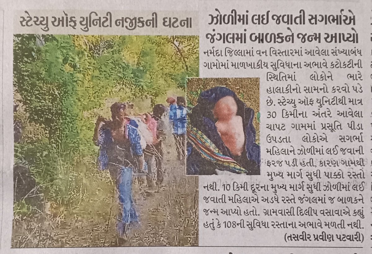 #गुजरात में बनी दुनिया की सबसे ऊंची प्रतिमा वाले क्षेत्र के गर्व से परे, वहां की हकीकत दर्दनाक है। सगर्भा महिलाओं को आज भी झोली में लेकर अस्पताल पहुंचाना पड़ता है। यह विकास के खोखले वादों और असमानता की वास्तविकता।आजादी के अमृतकाल में यह तस्वीर हमारी प्राथमिकताओं पर सवाल उठाती है।