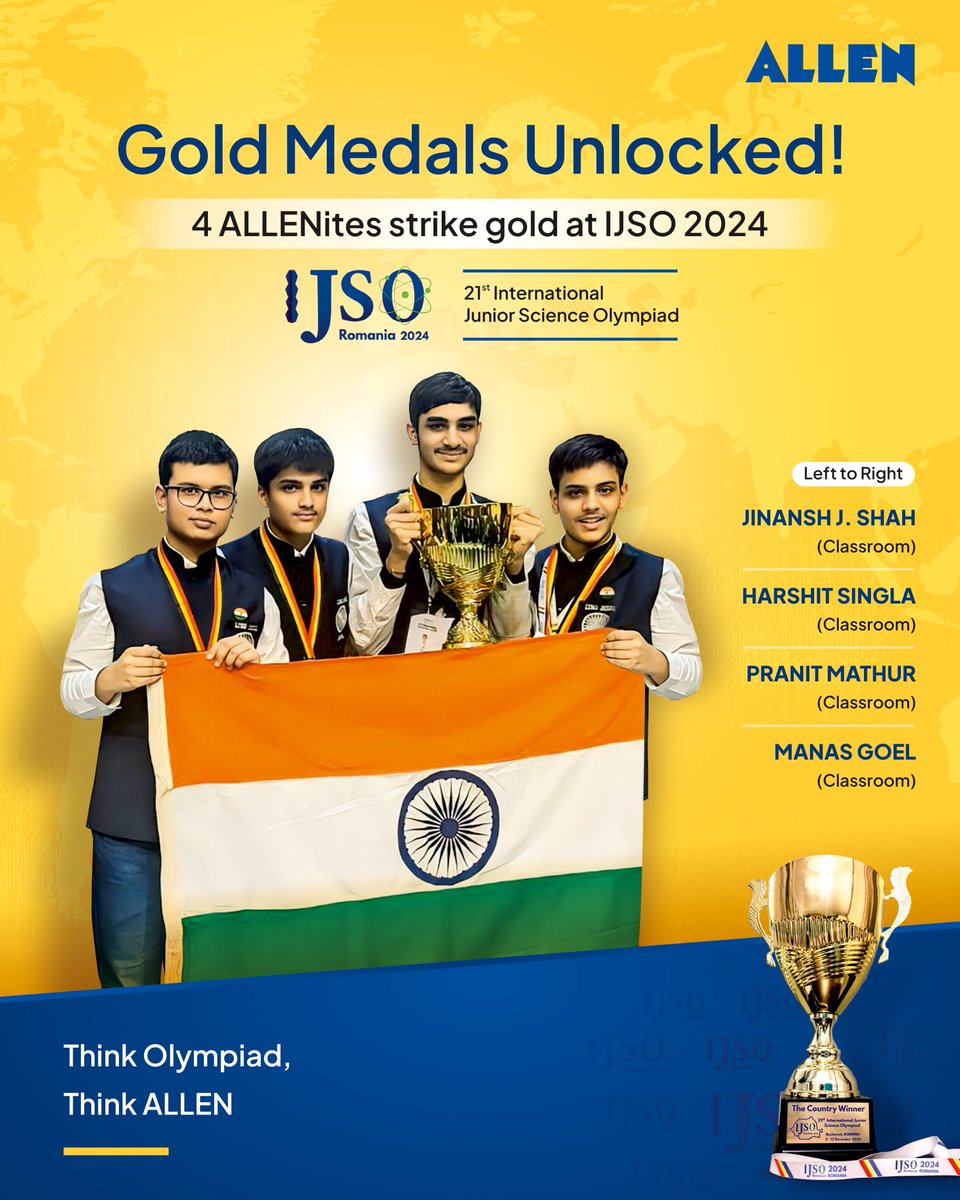 ALLENChatisgarh's tweet photo. 📷ALLENites have set GOLDEN standard of olympiad success

4 (out of 6) students who represented INDIA 📷 at 21st IJSO 2024 were ALLENites &amp; all have bagged Gold Medals

#ThinkOlympiadThinkALLEN https://t.co/QMWNEVzzNL