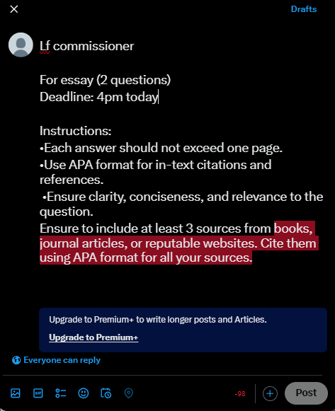 Lf commissioner 

For essay (2 questions)
Deadline: 4pm today

#commstwt