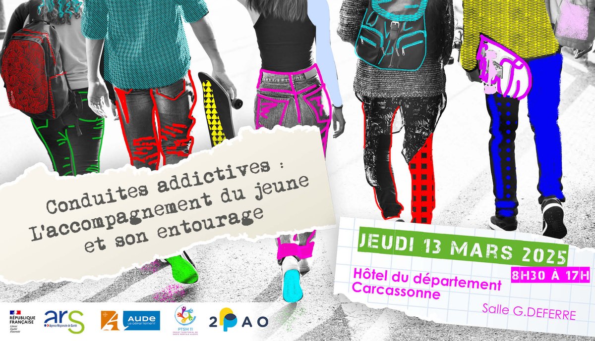 Venez assister à notre prochaine journée sur les 

« Conduites addictives :
L’accompagnement du jeune et son entourage » à #Carcassonne

Inscription et programme ici : 2pao.fr/event/journee-…

#occitanie #addictions #aude #santementale #Sante #preventions #sensibilisations