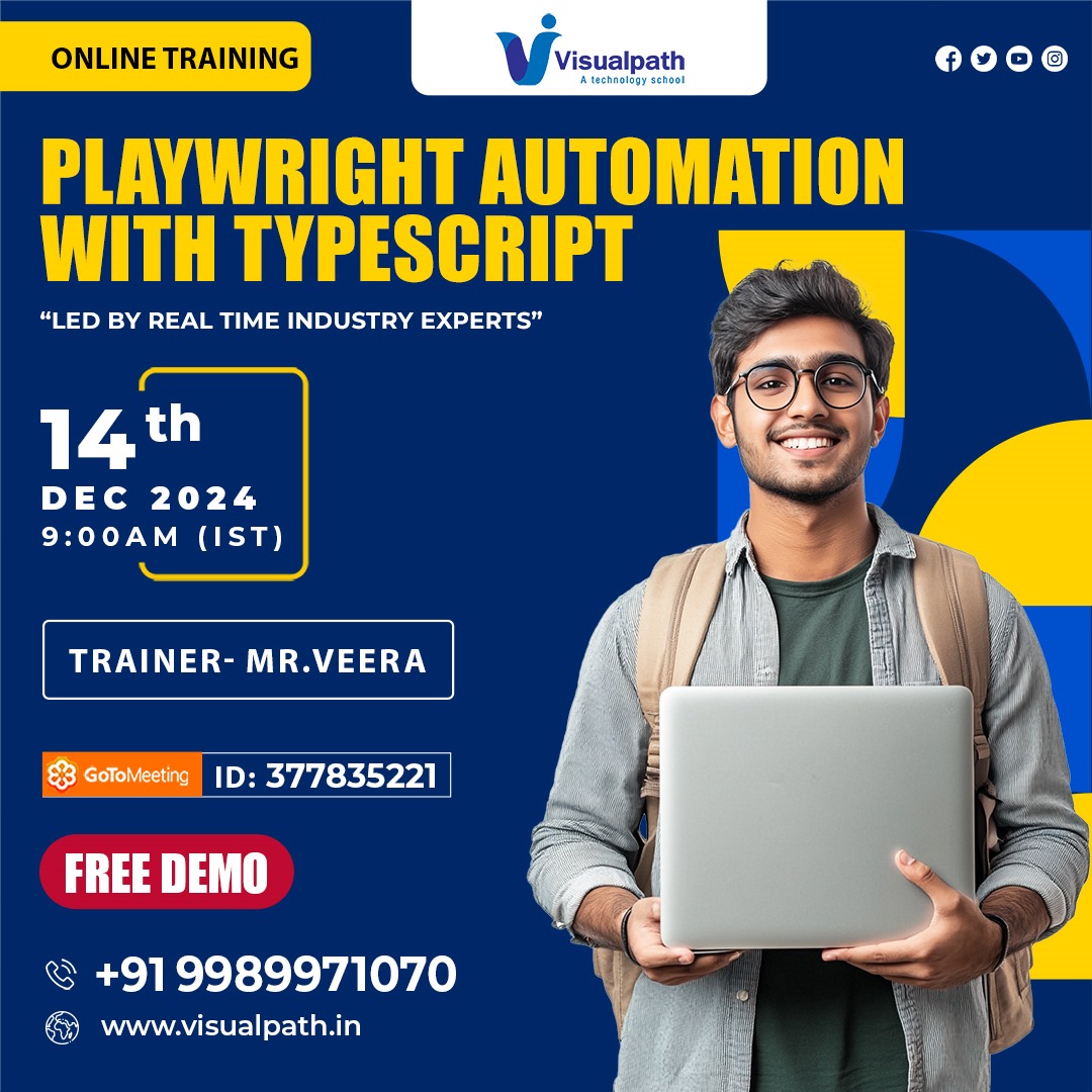 VisualpathPro's tweet image. Join Now: meet.goto.com/377835221
Attend Online #Free_Demo On #Playwright_Automation_with_Typescript 
Demo on: 14th December 2024 @9:00 AM IST.
Call us: +91 9989971070
WhatsApp: bit.ly/47eayBz
Visit: visualpath.in/online-playwri… 
#PlaywrightAutomation #TypeScriptTraining #IT