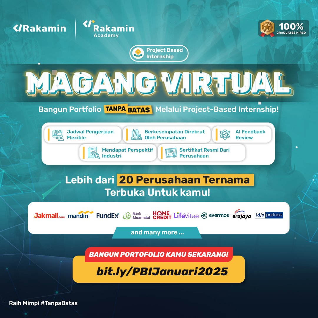 📣 MAGANG VIRTUAL PERIODE JANUARI 📣

Yuk, kumpulin pengalaman dan portfolio kamu terus dengan fasilitas yang mendukung persiapan karir kamu!
✅ Sertifikat resmi perusahaan
✅ Auto lolos tanpa seleksi
✅ Dan masih banyak lagi!

Daftar disini 👇
bit.ly/PBIJanuari2025