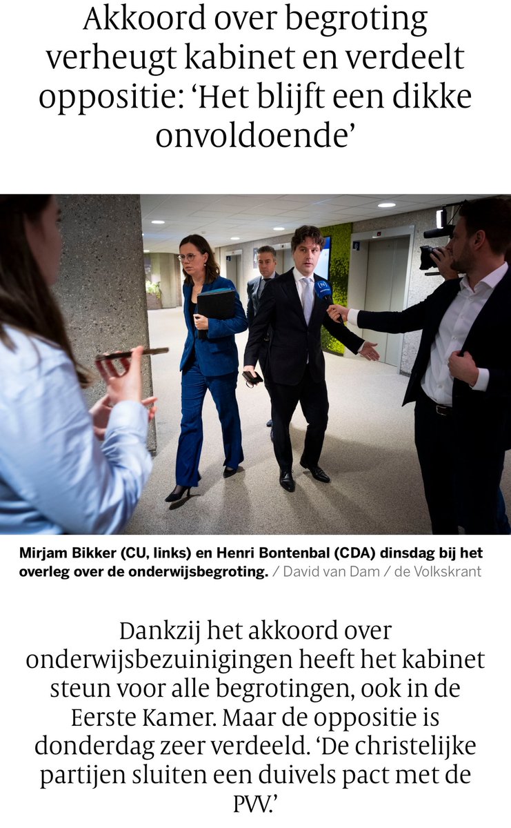 Wilders heeft twee nieuwe gedoogpartners gescoord. CDA en ChristenUnie helpen hem uit de brand en het onderwijs in de prut. Het CDA heeft niks geleerd van Rutte 1, want samenwerken met Wilders eindigt altijd in tranen. 2/3