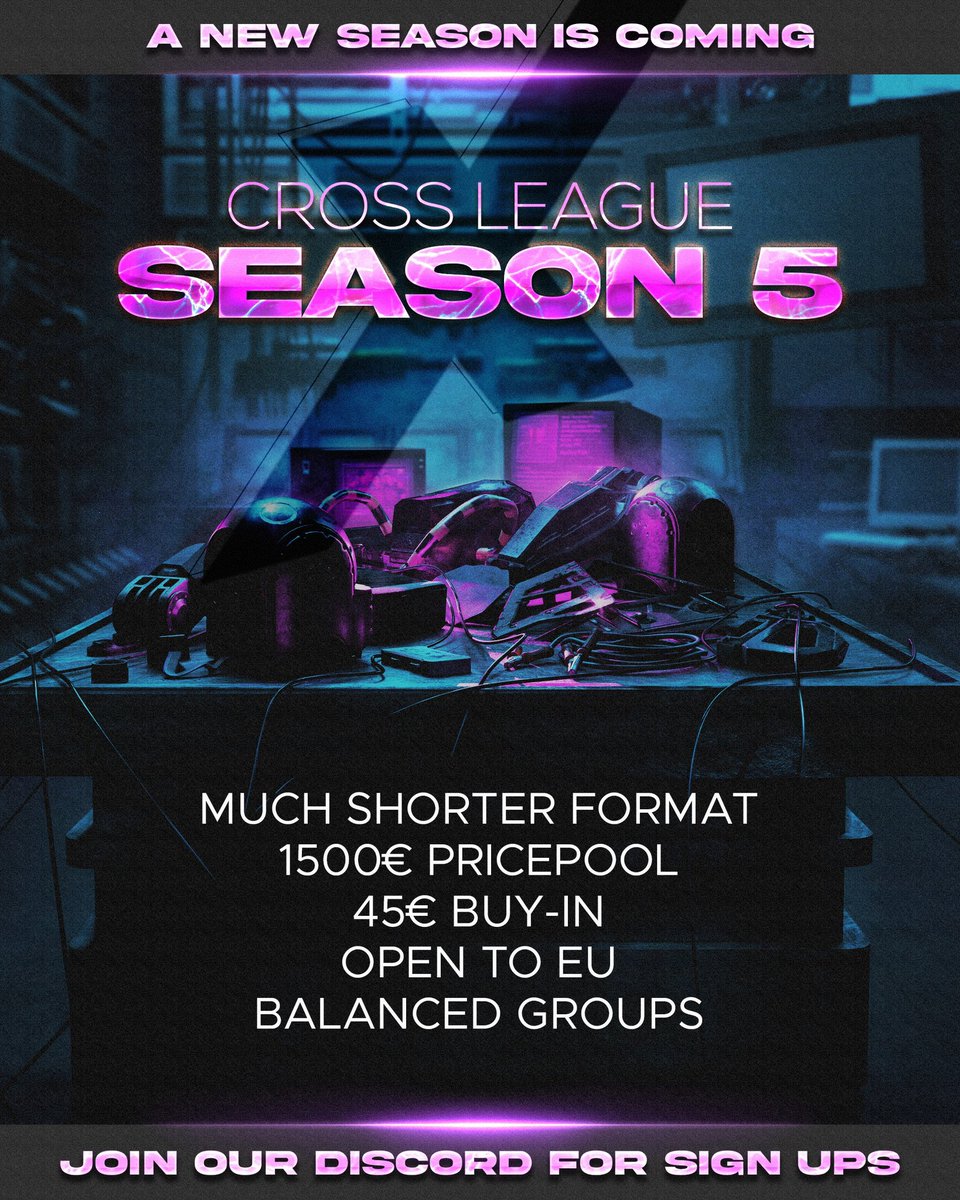 A NEW SEASON IS COMING!!

-Much Shorter Format!
-1500€+ Pricepool!!
-45€ Buy-In
-Open to EU!
-Balanced Groups

Join the Season 5 of the Cross League!! 

With more then half of the Teams signed up you have to be Quick! SIGN UP: discord.gg/q5vGxrfh

RT App!

#TimeToCross