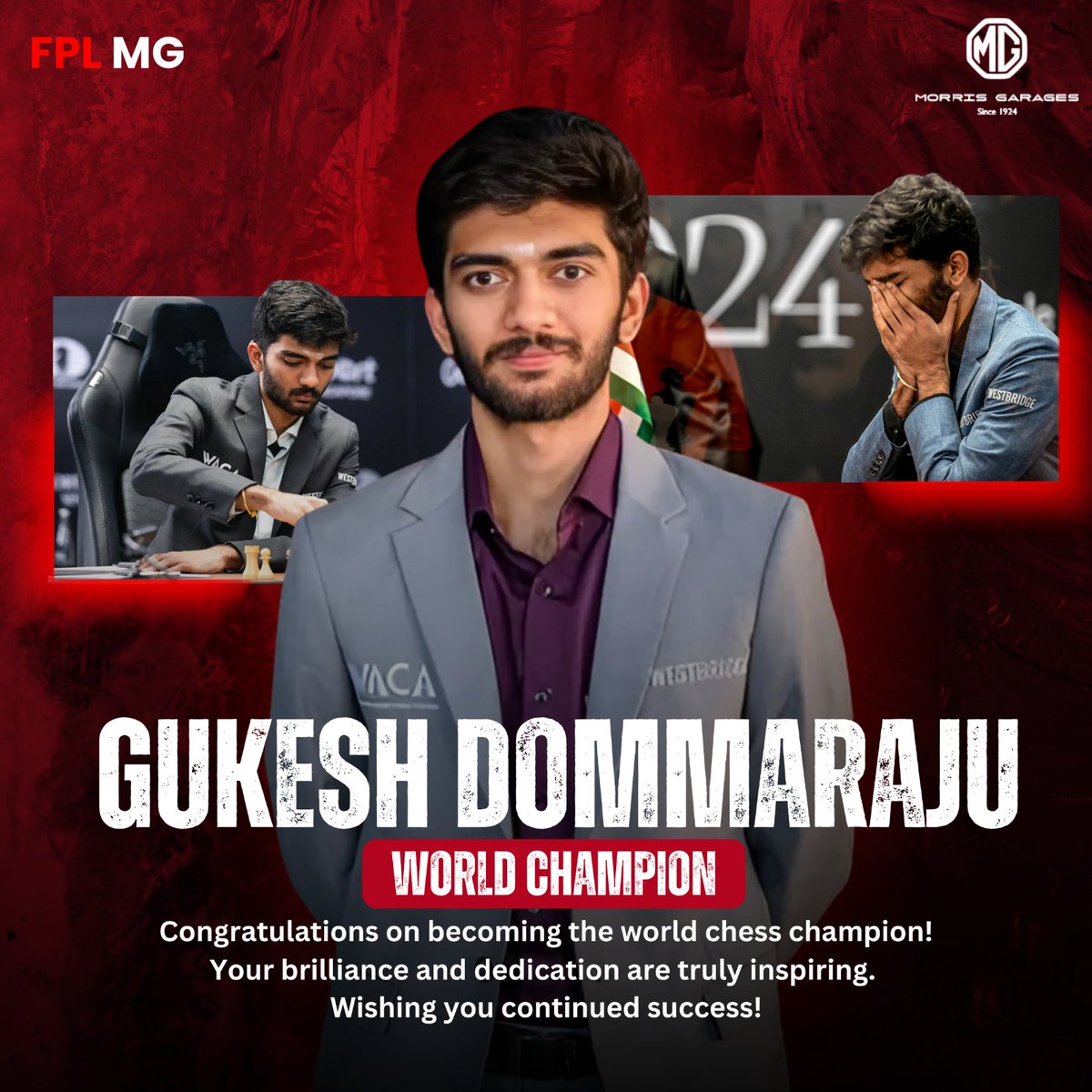 mgfpl's tweet photo. FPL MG proudly celebrates the incredible journey of Gukesh Dommaraju! 📷 Wishing him all the best as he continues to shine and strives to become the World Chess Champion. 📷📷
#chesschampion #PrideOfIndia #FPLMG https://t.co/flPLuzGa4E