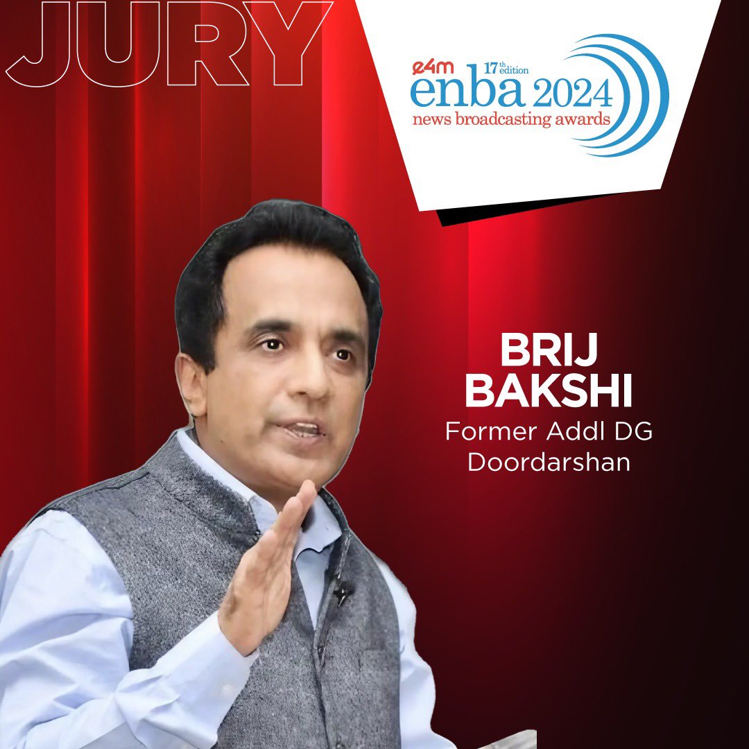 happy to serve as a jury member for the 17th edition of the News Broadcasting Awards - enba 2024, organized by exchange4media Group. It’s a privilege to be part of a jury that will evaluate Broadcasting Excellence! <a href="/e4mtweets/">exchange4media group</a> 
<a href="/EnbaAwards/">enba Awards</a>