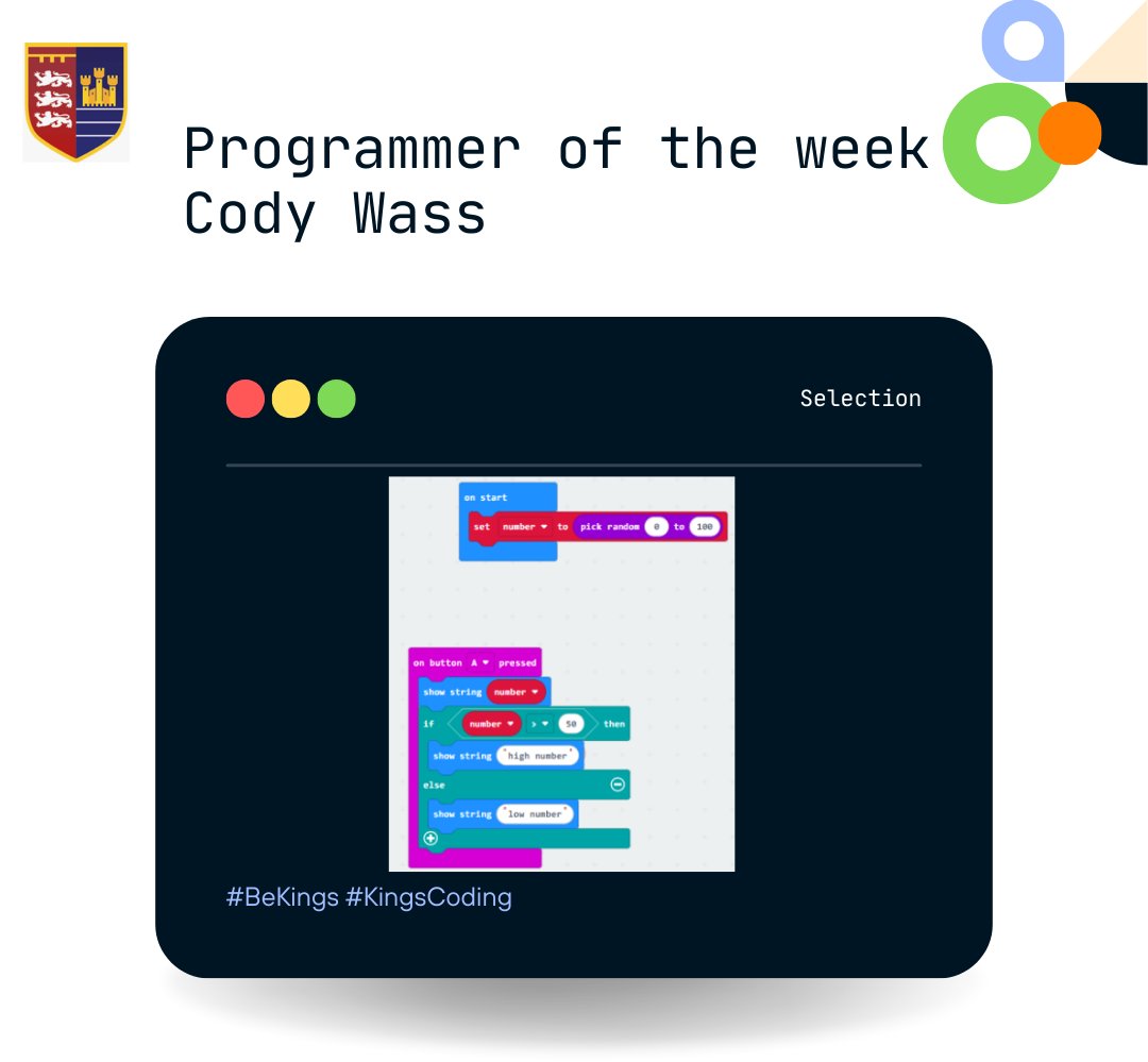 PATKingsSchool's tweet image. ๐ป Congratulations to our Programmer of the Week, Cody Wass (Year 7). #BeKings #KingsCoding #ProgrammerOfTheWeek