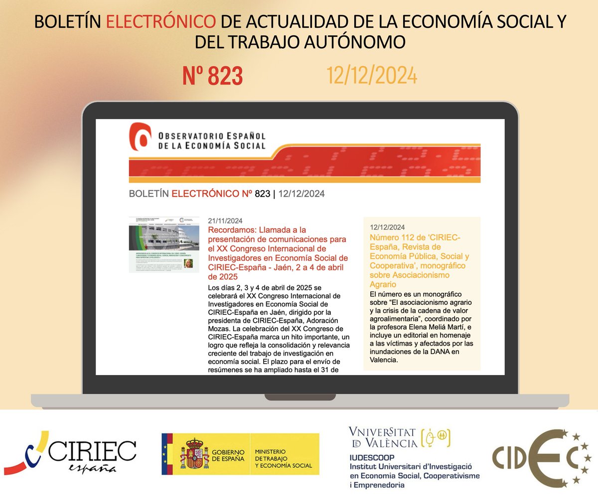CIRIEC_Esp's tweet photo. Muy recomendable, una semana más, el boletín de  #EconomíaSocial #TrabajoAutonomo, hacia el XX Congreso de @CIRIEC_Esp en Jaén, y novedades como #ARAESTAT, Rev. Cuadernos de Mercado de #Trabajo y mucho más
Nº completo 👉🏽 https://t.co/j3MkxA6Yen
#Coops #TercerSector #Autoempleo https://t.co/zrVSWpFtsE