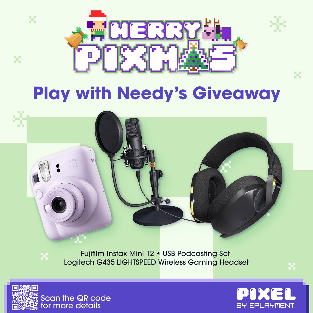 Merry PIXmas to my gamer, streamer, cosplayer &amp; content creator friends!!
Dahil sobrang bait nyo sakin, I’m giving away: 
🎄1 USB Podcasting Mic Set
🎄1 Logitech G435 Lightspeed Wireless Gaming Headset
🎄1 Fujifilm Instax Mini 12

See mechanics here:
facebook.com/share/p/18MMTT…