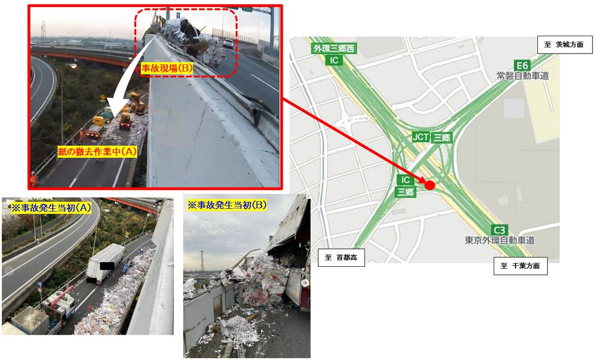 現在、C3外環道 三郷JCTで発生した事故の対応を行っております