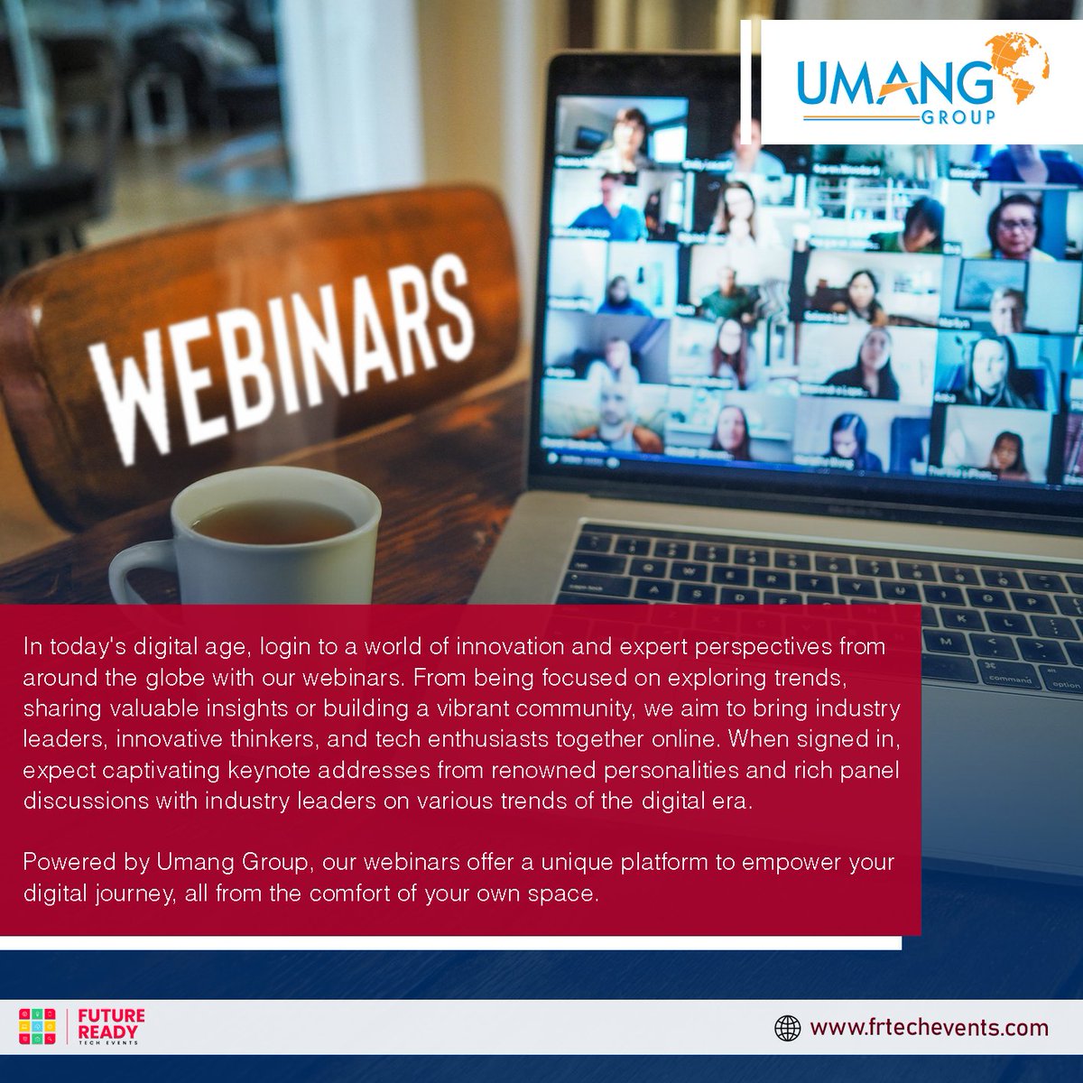 UmangGrp's tweet photo. Peak into the minds of industry leaders, stay ahead of industry trends, and expand your network. Sign up and embark on a learning experience in the digital era, with Umang Group.
#Webinar #TechWebinar #TechTalks #Technology #FutureReady #AreYouFutureReady #UmangGroup https://t.co/pKRCOmtcAc