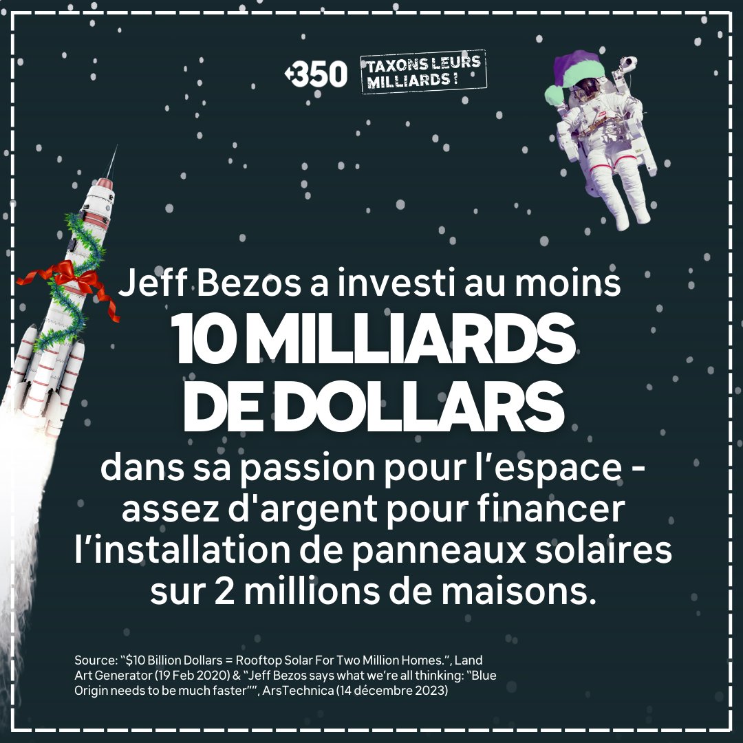 350France's tweet photo. 💰 Jour 13 du Calendrier de l'Avent #TaxonsLeursMilliards 💰

Jeff Bezos a investi 🔟 MILLIARDS de 💵 dans sa passion pour l'espace 🚀

Cela aurait pu financer l'installation de panneaux solaires pour 2 millions de foyers🌞

Révoltant,non? Rejoignez-nous👉 https://t.co/nwK8S2YfC6 https://t.co/q9sX1B1qMu