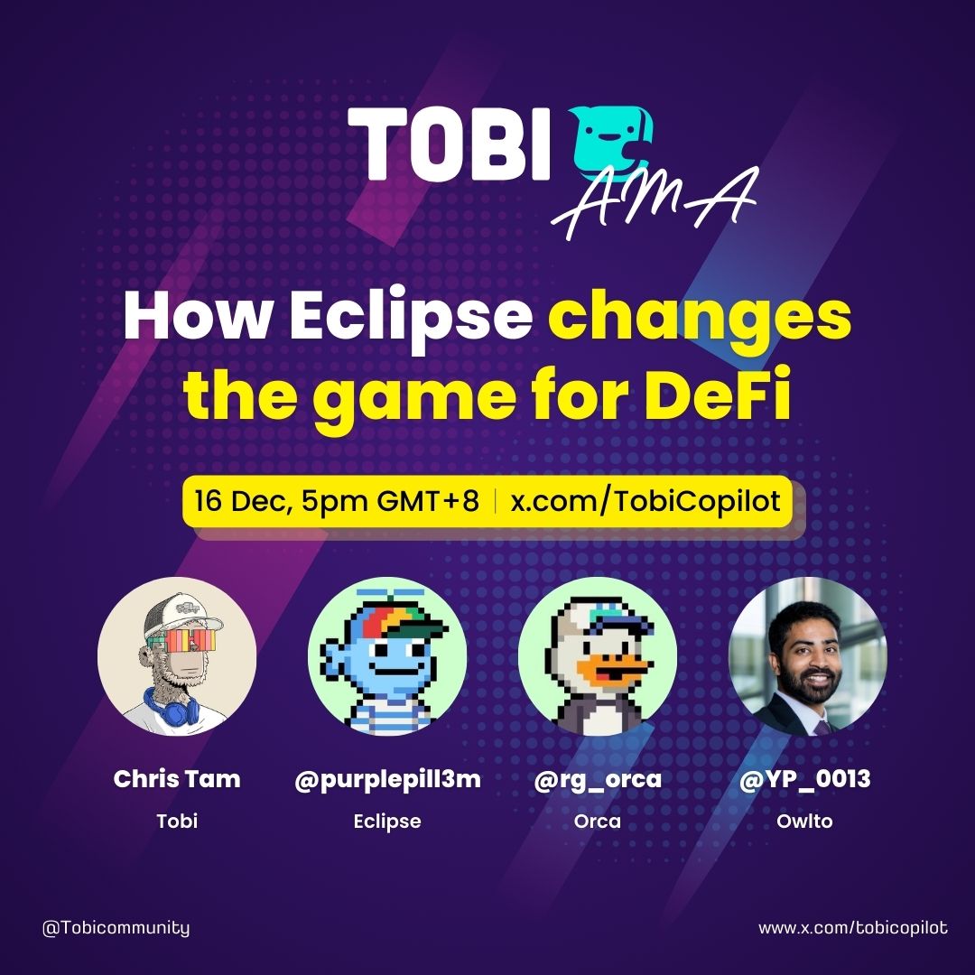 Our very first AMA is coming up, and it’s the Billionaire's Special 😉 We’re diving into DeFi on @eclipse_FND 🚀

With our special guests <a href="/purplepill3m/">purplepill 🐮,🌑</a> from <a href="/EclipseFND/">Eclipse (🐮,🌑)</a>, <a href="/rg_orca/">RG | orca.so 🐋</a> from <a href="/orca_so/">Orca 🌊</a>, <a href="/YP_0013/">Yogesh</a> from <a href="/Owlto_Finance/">Owlto Finance(🦉💛🦉)</a>, and Tobi’s founder, <a href="/ckttam/">ckt</a>, it’s gonna be a fun one.