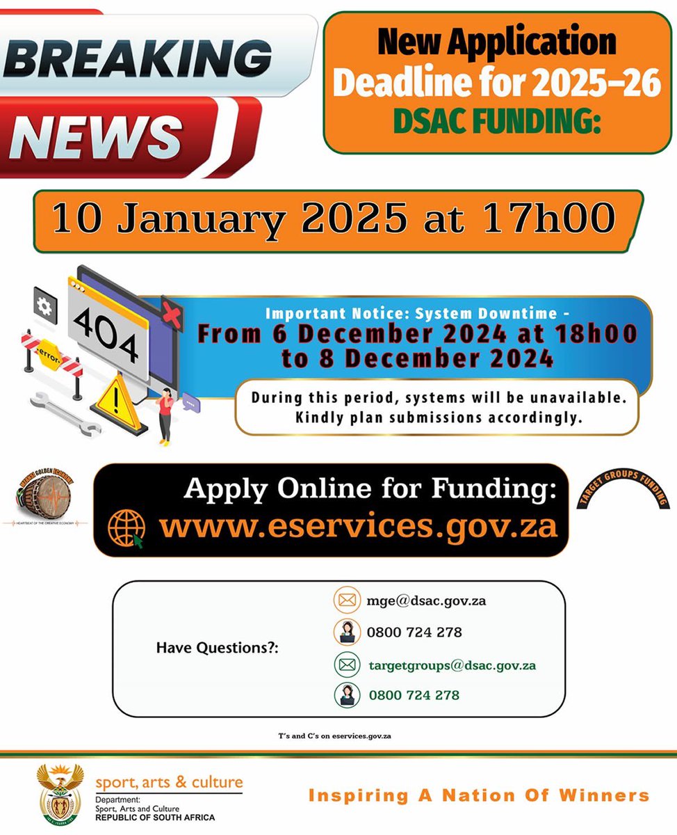 SportArtsCultur's tweet image. Date extension!

🗓️10 Jan 2025

Mzansi Golden Economy (MGE) &amp;amp; Target Group: Arts &amp;amp; Social Dev Call for Grant Funding Applications to the Cultural &amp;amp; Creative Industries/Arts, Culture &amp;amp; Heritage Fraternity is open

More: dsac.gov.za/Mzansi-Golden-…

Apply: eservices.gov.za

#MGE