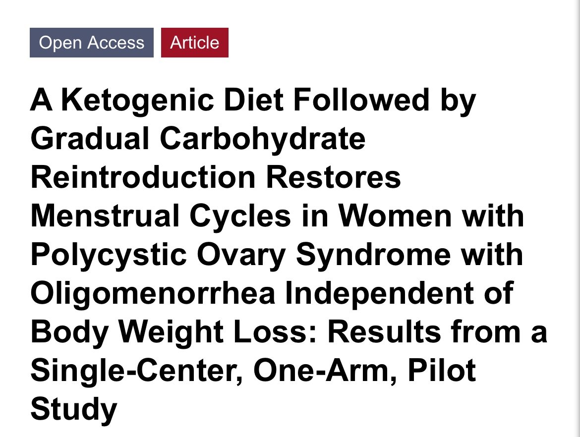 45-day keto diet followed by 45 days of moderate carbs, restored the menstrual cycles of all 12 women with PCOS who completed the trial.  Spread the word!  
1/2