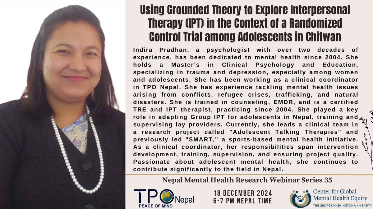 Meet our speakers for the 35th NMHRN webinar, Ms. Indira Pradhan and Dr. Tahir Jokinen.👇 

Webinar time: 6 to 7 pm Nepal Time

Registration form: forms.gle/djVxkwxGNnM2jV…

#RESHAPE #mhrnwebinar #capacitybuilding #mentalhealthresearch