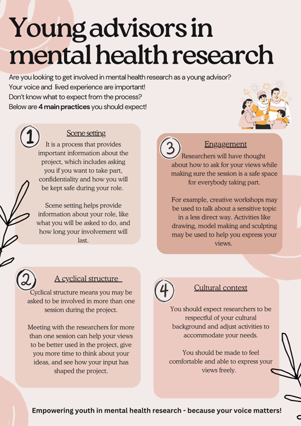 As a supplement to "No decision about me, without me: Collaborating with young people in mental health research," we include an infographic with guidance for young research advisors, created by a ReSET Young Person Advisory Group member.