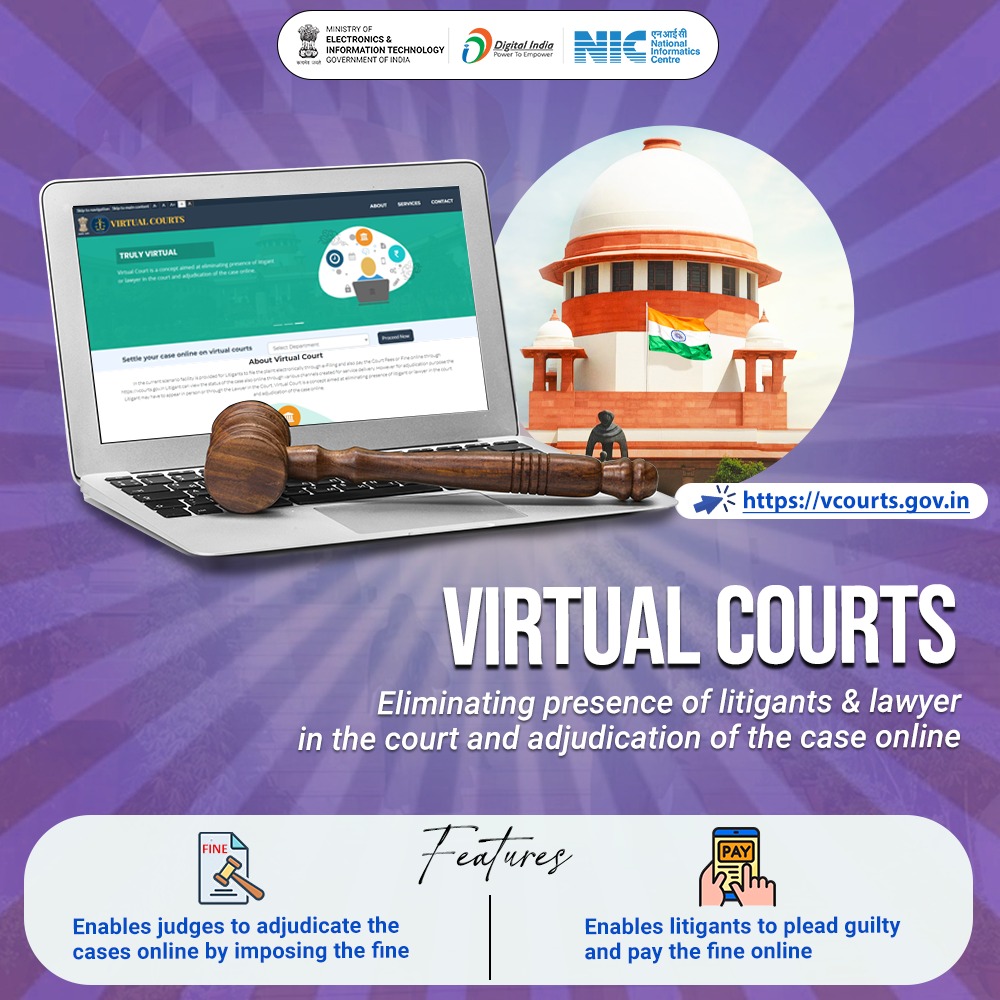 NICMeity's tweet image. #VirtualCourts - A digital platform for adjudicating traffic challan cases.

This system eliminates the need for the physical presence of the violator in court.

Judges can impose fines online, and violators receive an SMS notification to make payments.

➡️vcourts.gov.in