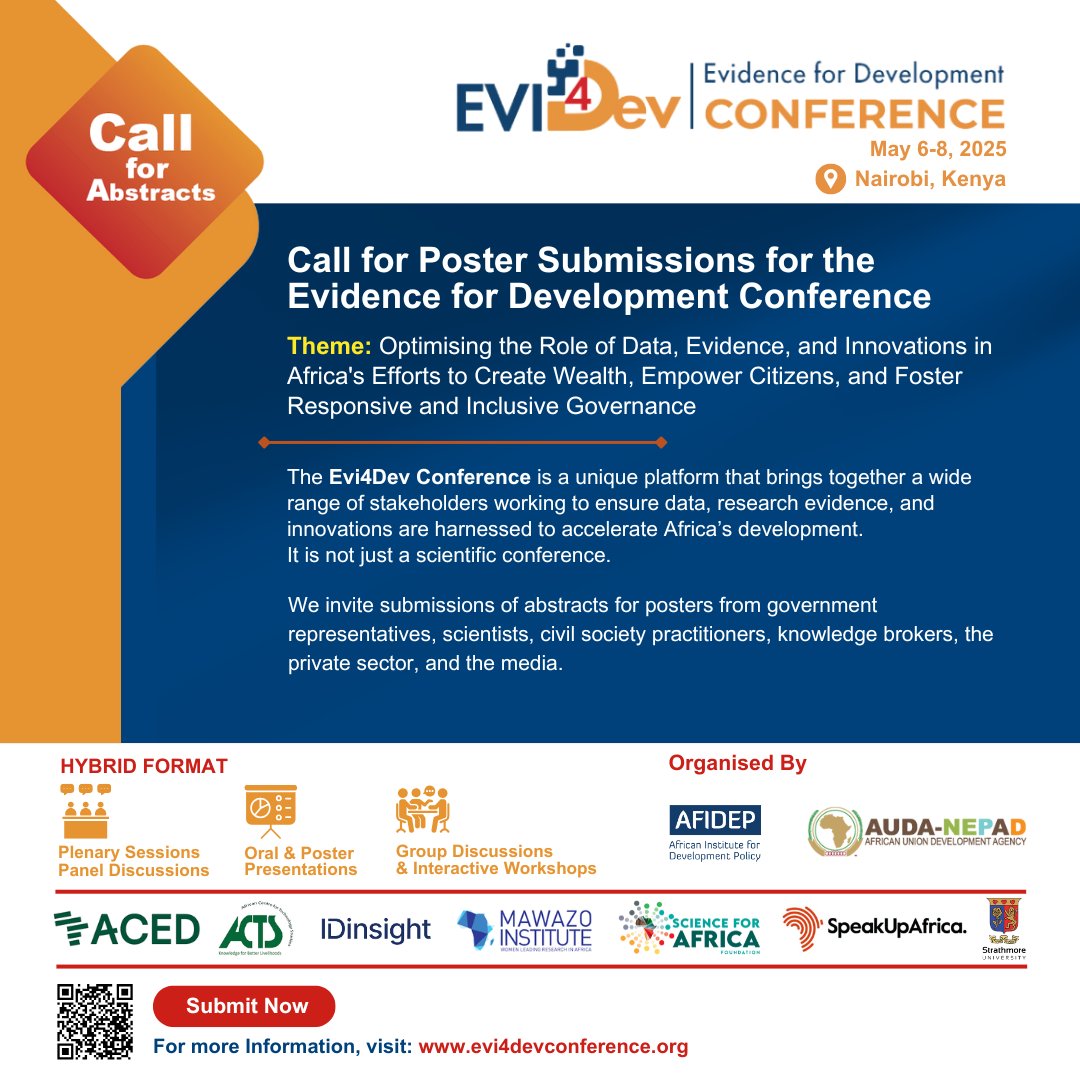 Afidep's tweet image. Share Your Research Findings!  
 
Submit your poster abstracts for the #Evi4DevConference and be part of shaping Africa&apos;s development through data, evidence, and innovation!
Visit evi4devconference.org to learn more and submit.

Deadline: January 31, 2025
#Evi4Dev2025…