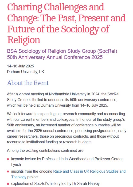 Call for Papers for the @BSASocrelSG 50th Anniversary Annual Conference, ‘Charting Challenges and Change: The Past, Present and Future of the Sociology of Religion’ on 14–16 July 2025, Durham University. Deadline: 7 February  tinyurl.com/ahkz2bm3