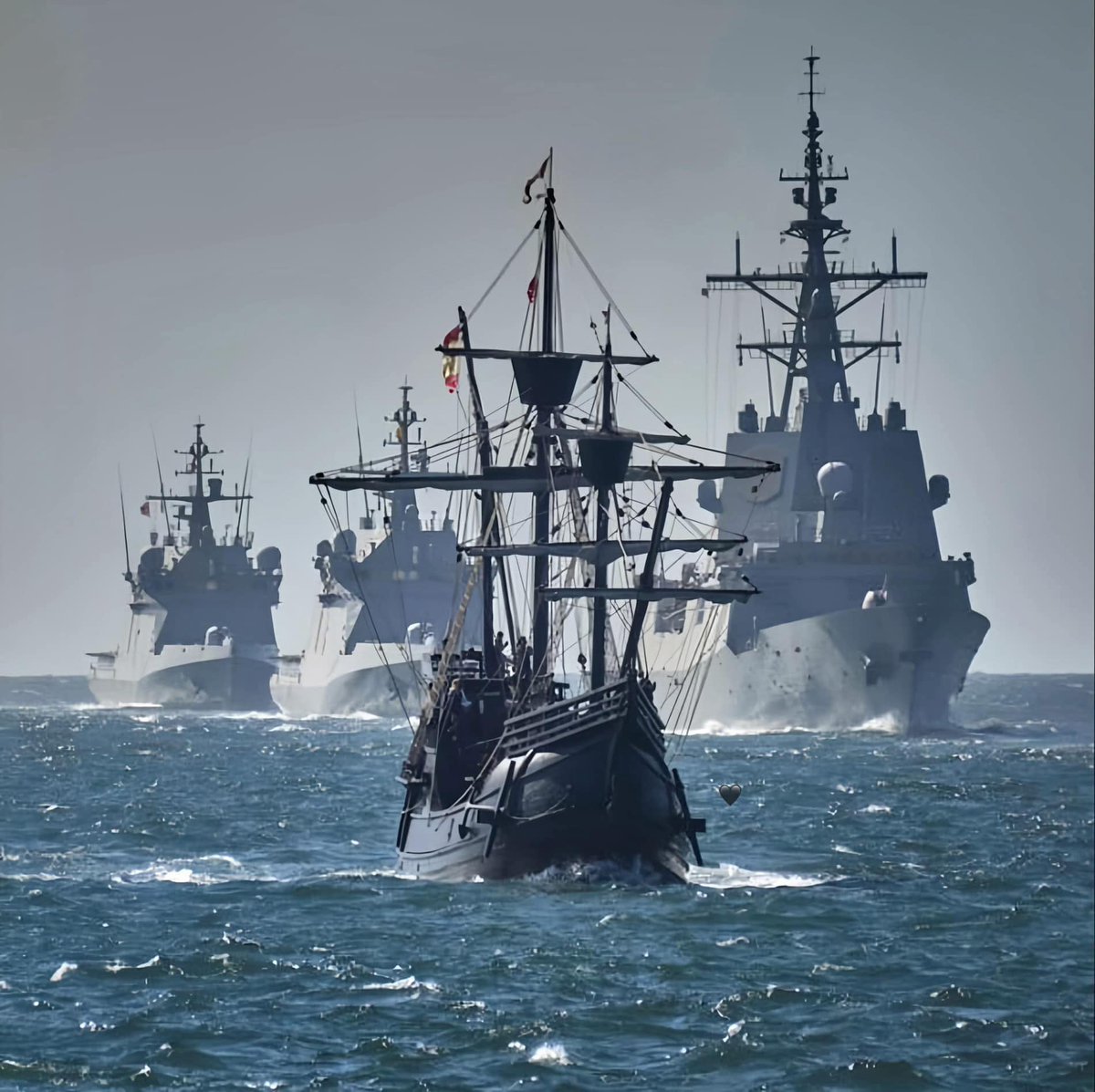 Replica of Spanish nao Victoria escorting by three modern frigates of the Spanish Navy commemorating 500 years of 1st world circunavigation finished on 5 september 1522