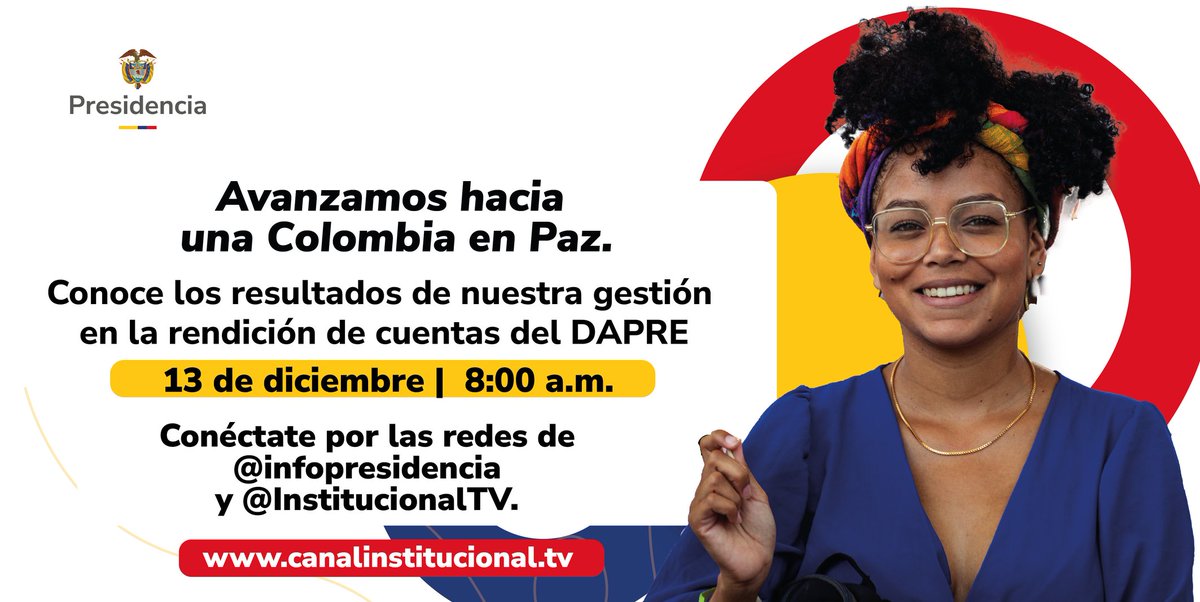 #AsíCumplimos I Tu voz cuenta. Te esperamos hoy para conocer cómo promovemos espacios de diálogo y construcción colectiva.
📍 Viernes 13 de diciembre.
⏰ 8:00 a.m. Conéctate a la rendición de cuentas del <a href="/DapreCol/">DAPRE</a> por redes de <a href="/infopresidencia/">Presidencia Colombia 🇨🇴</a> y canalinstitucional.tv