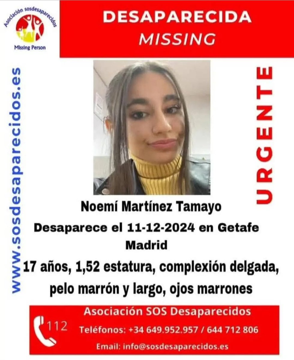 El pasado miércoles desapareció en la localidad de Getafe, Noemí Martínez Tamayo, vecina de Parla. A la espera de la investigación policial, se pide la ayuda de todos los vecinos de Parla por si alguien pudiera haberlo visto. Muchas gracias.
