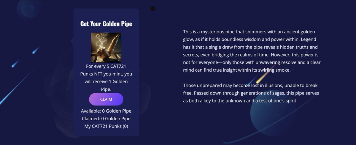 📢Important notice, if you hold #CAT721 Punks, and you hold 5 of them, you can claim a Golden Pipe, claim👇

cat721punks.com/#claim