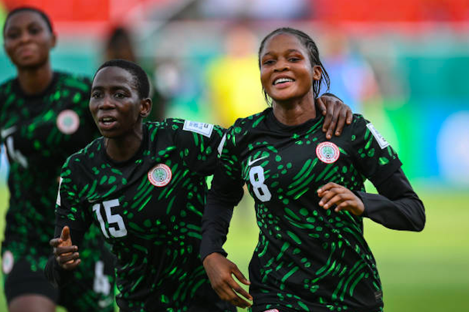 NewsUltra360's tweet photo. Flamingos dominate Niger Republic 9-0 in the WAFU U17 Girls’ Cup! Shakirat Moshood bags a hat-trick, Janet Akekoromowei scores a triple, and Peace Effiong adds a late strike. Next up: Cote d'Ivoire on Monday! #Flamingos #WAFUU17 #Nigeria https://t.co/frkjT5tSPD