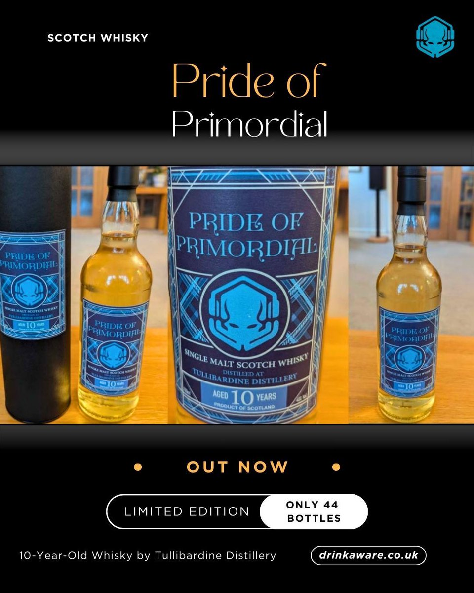 We're excited to introduce our Pride of Primordial Scotch Whisky, aged 10 years 🥃

Crafted by Tullibardine Distillery, this single malt is limited to just 44 bottles.

Once they’re gone, they’re gone! Drink responsibly 🤘
primordialradio.com/product/pride-…