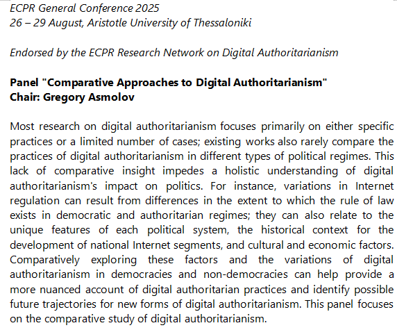 digitalaut_ECPR's tweet image. 📣 Call for #ecprgc25 
We invite paper proposals that bring #comparative approaches on #digitalauthoritarianism 🔗ecpr.eu/Events/Event/C…
📆Deadline: January 6 
🪑@pustovek Gregory Asmolov
@ECPR