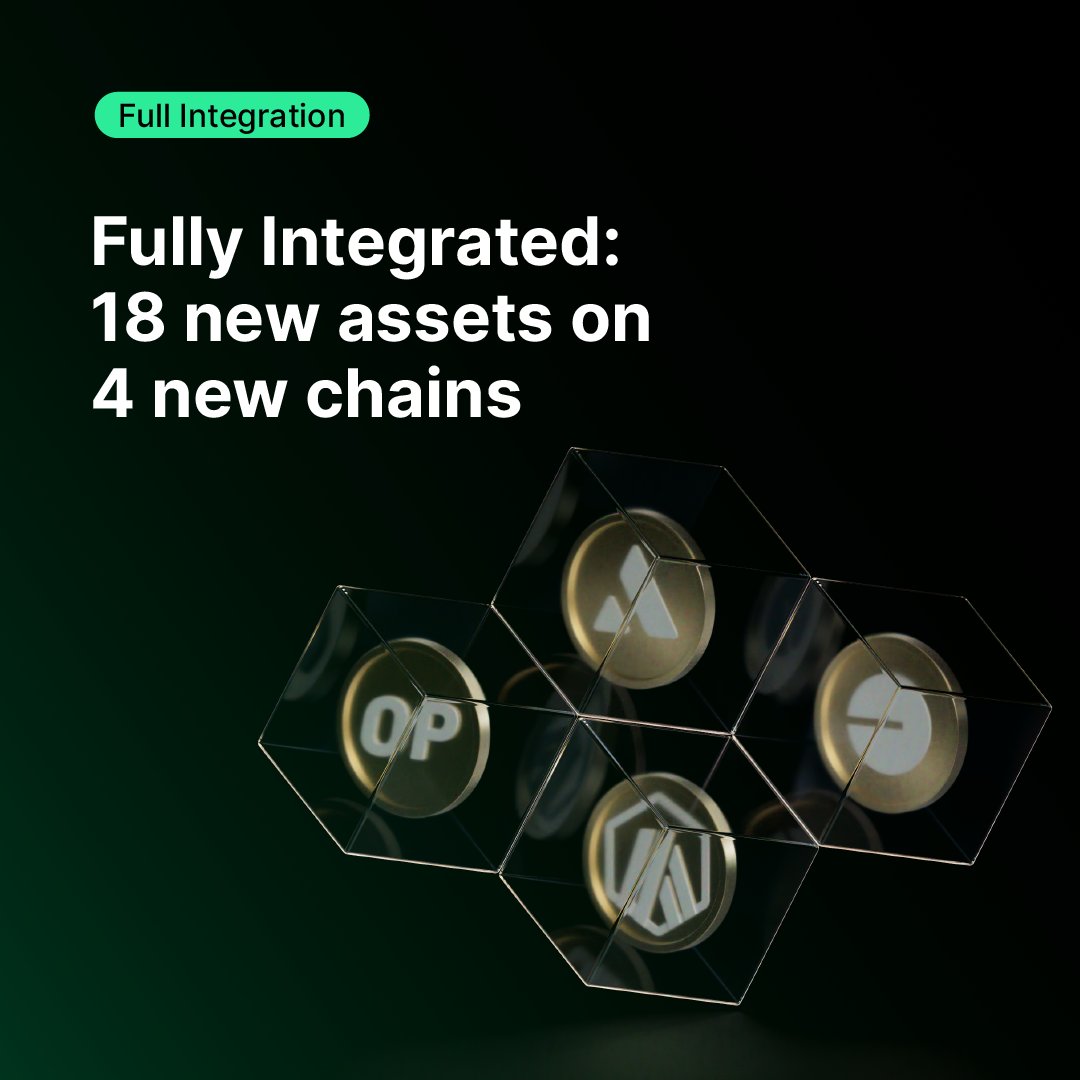 We have fully integrated 18 crypto assets across 4 new chains!
You can now deposit and withdraw:

$USDC, $USDT, $ARB, $UNI, $YFI, $SUSHI, $CRV, $LDO, $GNO, $GRT, $KNC and $ETH via the <a href="/arbitrum/">Arbitrum</a> network.
$USDC, $AXL, $MAVIA and $ETH via the <a href="/base/">Base</a> network.
$ETH, $OP, $USDC, $USDT,