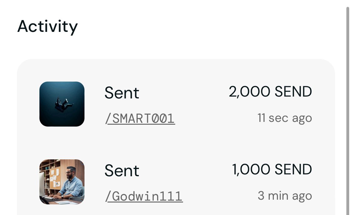 I never thought l'd be into Web3, but @send. has changed my mind! 
Anyone else have a similar experience?
Send is here to stay💚
$send
<a href="/ethentree/">/ethen 🌳</a> <a href="/Kinguchee_e/">Kinguchee ♔</a> <a href="/EliteKingsman/">Kingsman</a> <a href="/SheHatesYuu/">/Maximoff</a> <a href="/Crypto_Lord___/">Crypto Lord 🐦‍🔥</a>