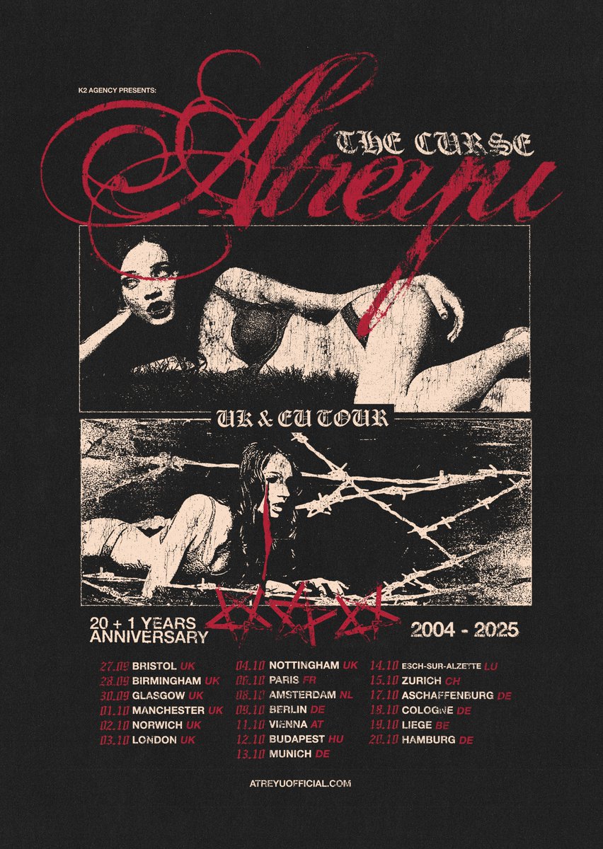 Tickets for The Curse tour EU/UK are on sale now! (link in bio) We absolutely cannot wait to share this evening with you. Get your tickets while they’re still available! atreyuofficial.com

photo by <a href="/chrispyechols/">Chrispy</a> 
Art by Get a Real Job Kid (IG)