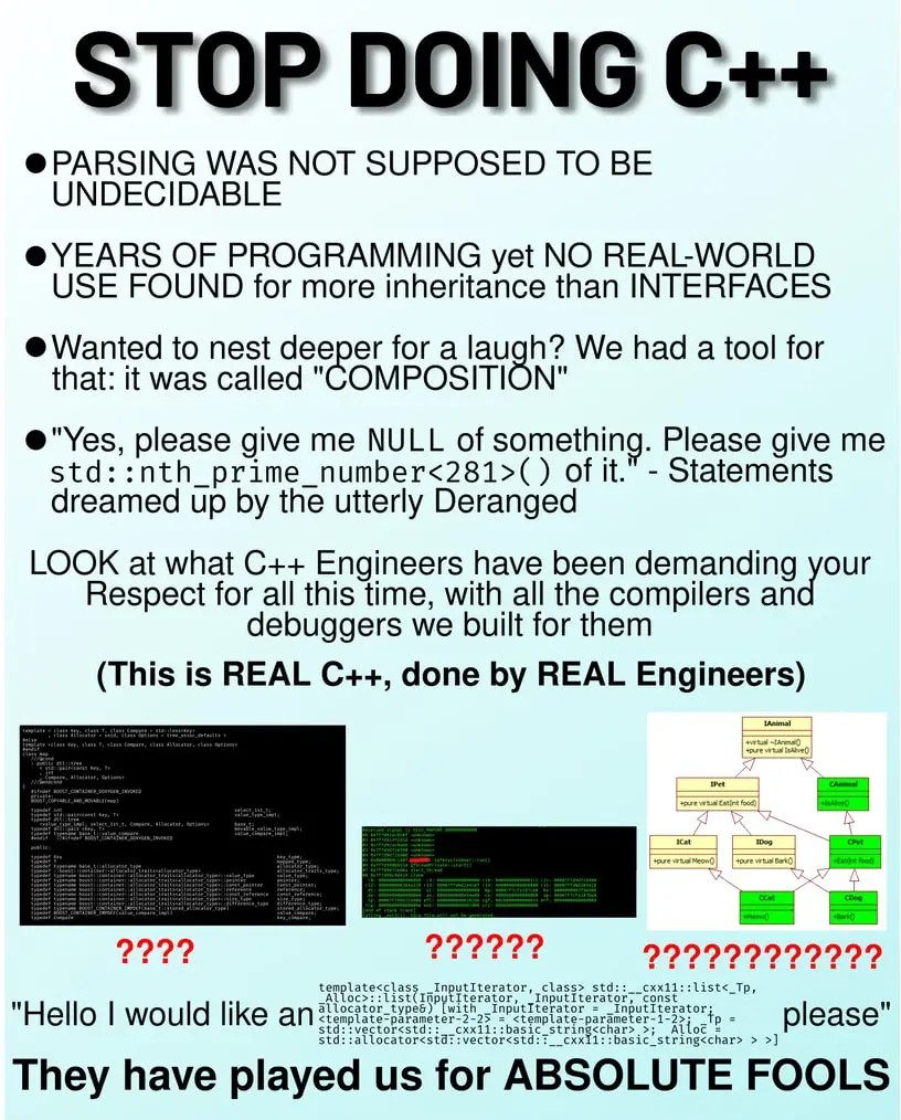 ciofeca's tweet photo. Years later, and still laughing at this C++ summary. Almost can't believe I actually released C++ code in production (btw it was long ago). https://t.co/VHgurbdnQ7