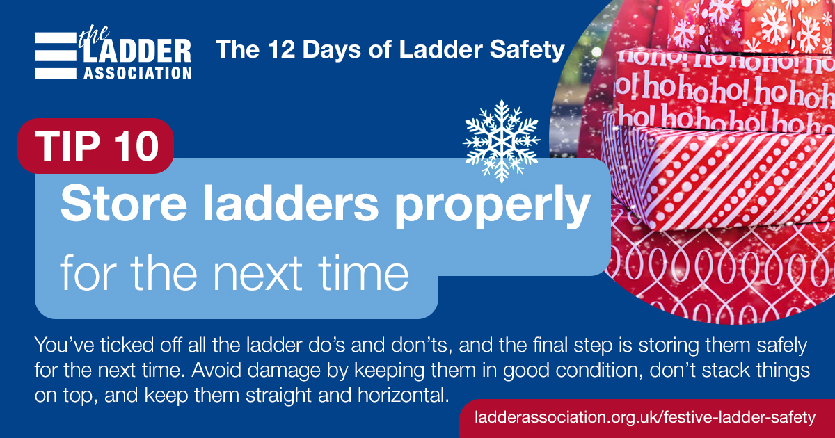 📣 Tip 10 of 12 - Store ladders properly for the next time! This festive season we’re reminding you to take extra care when buying ladders online with our ‘12 Days of Ladder Safety’ top tips! Here’s how you can find a cracker: ecs.page.link/VX15L 
#festiveladdersafety