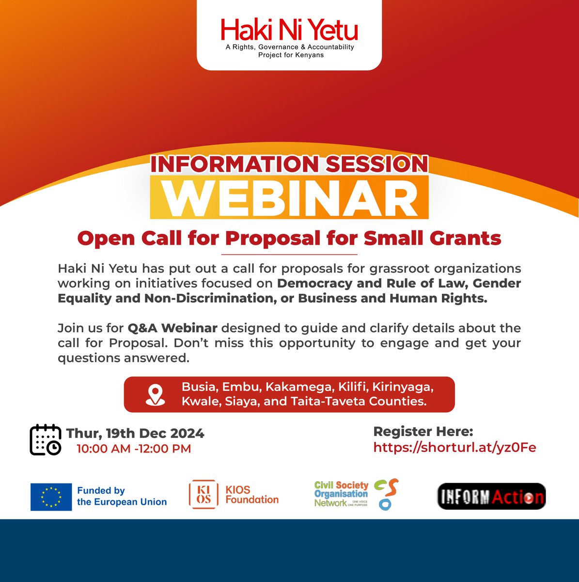 Join our upcoming webinar to learn all about the #HakiNiYetu Small Grants Call for Proposals application process. This is a chance to get your questions answered!

📅 19th Dec 2024
⏰ 10:00 AM – 12:00 PM
📌 Register now: zoom.us/meeting/regist…
#HakiNiYetu #GrantOpportunity.