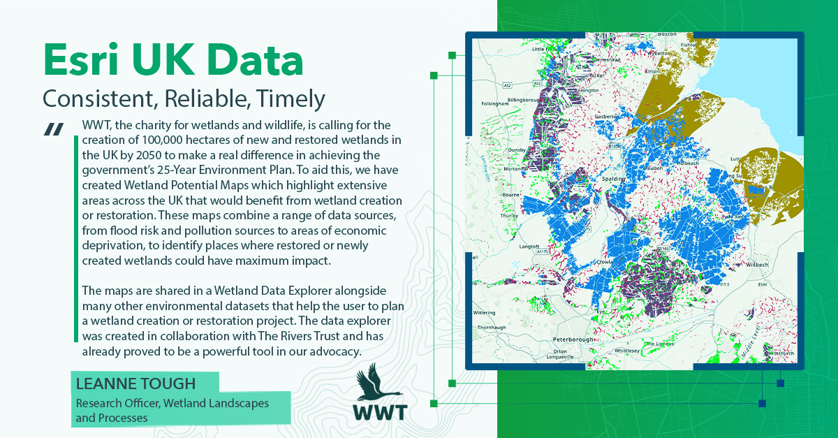 WWT are one of our newest, valued data contributors to the #ArcGIS #LivingAtlas. Calling for the creation of 100,000 hectares of new and restored wetlands in the UK by 2050, explore their data in the Living Atlas today! 

Hear what <a href="/WWT/">WWT</a> have to say.