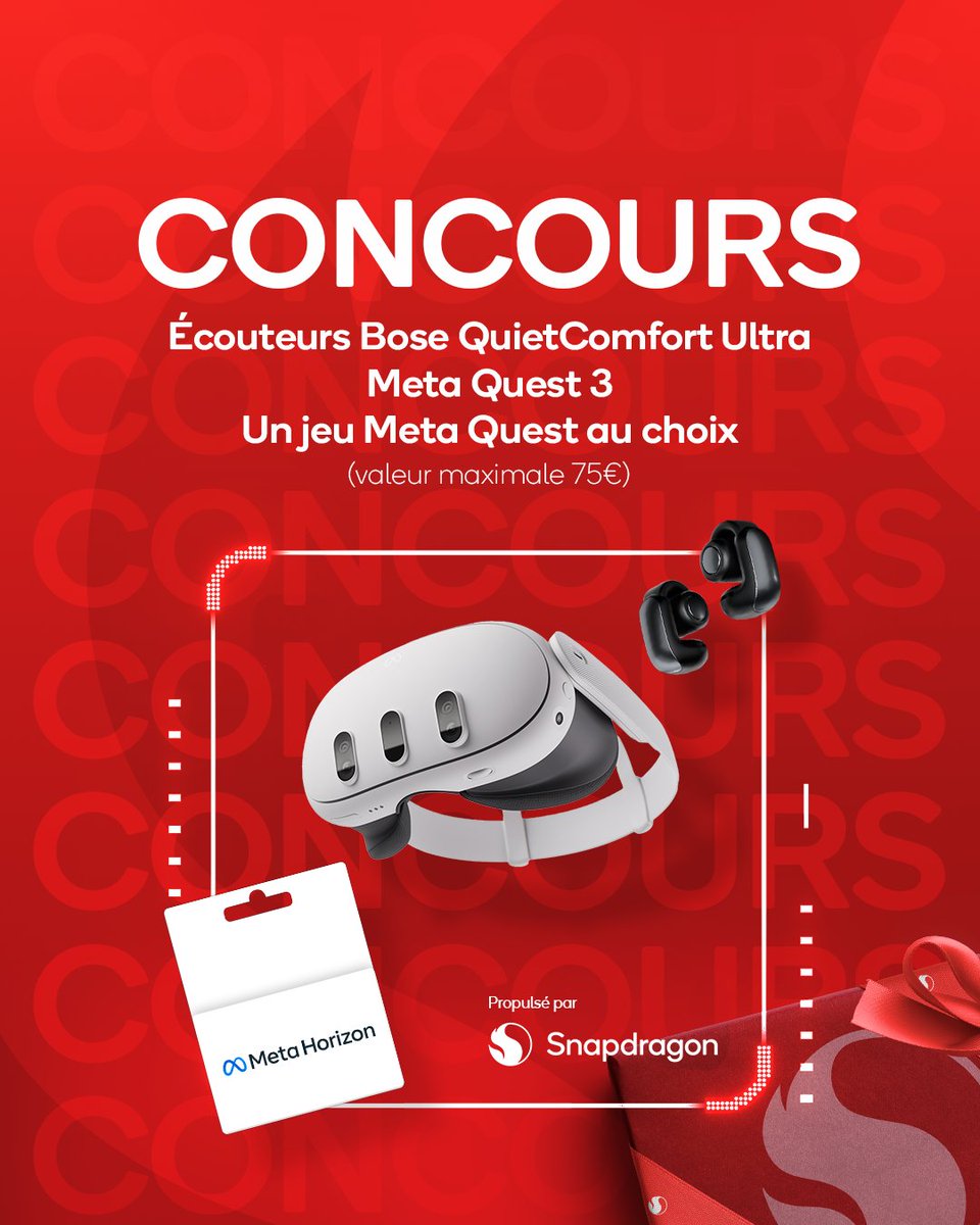 Faites passer votre expérience des technologies immersives au niveau supérieur et remportez d'incroyables cadeaux 🤩​

🎧 Des écouteurs Bose QuietComfort Ultra​
🙌  Un casque VR Meta Quest 3​
🎁  Un jeu Meta Quest au choix (valeur maximale de 75€)​

Pour participer :​
✅
