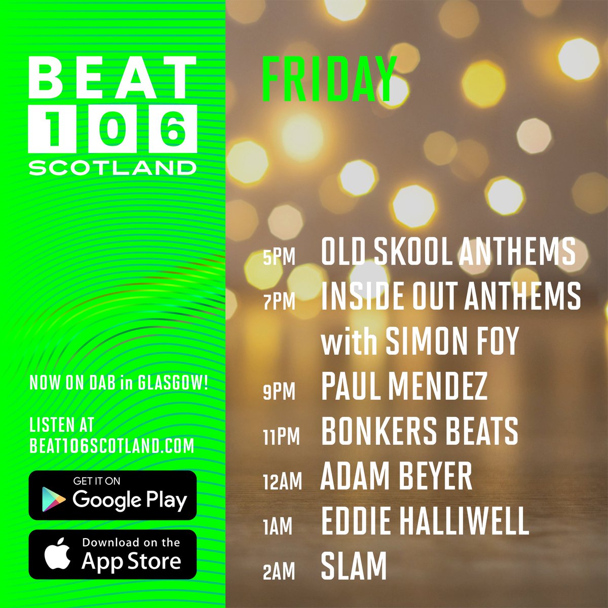 Beat 106 Scotland  www.beat106scotland.com (@beat106scotland) on Twitter photo 11pm - Bonkers Beats on <a href="/beat106scotland/">Beat 106 Scotland  www.beat106scotland.com</a> with <a href="/deckheaddj/">DeckHeAd</a> <a href="/Bonkers4life/">Bonkers</a>
12am - <a href="/realAdamBeyer/">Adam Beyer</a> with the <a href="/drumcoderecords/">Drumcode Records</a> show.
1am - <a href="/eddiehalliwell/">Eddie Halliwell</a>
2am - <a href="/slam_djs/">SLAM</a> with RMK b2b <a href="/vinihonoriobr/">Vinicius Honorio</a> 11pm - Bonkers Beats on <a href="/beat106scotland/">Beat 106 Scotland  www.beat106scotland.com</a> with <a href="/deckheaddj/">DeckHeAd</a> <a href="/Bonkers4life/">Bonkers</a>
12am - <a href="/realAdamBeyer/">Adam Beyer</a> with the <a href="/drumcoderecords/">Drumcode Records</a> show.
1am - <a href="/eddiehalliwell/">Eddie Halliwell</a>
2am - <a href="/slam_djs/">SLAM</a> with RMK b2b <a href="/vinihonoriobr/">Vinicius Honorio</a>