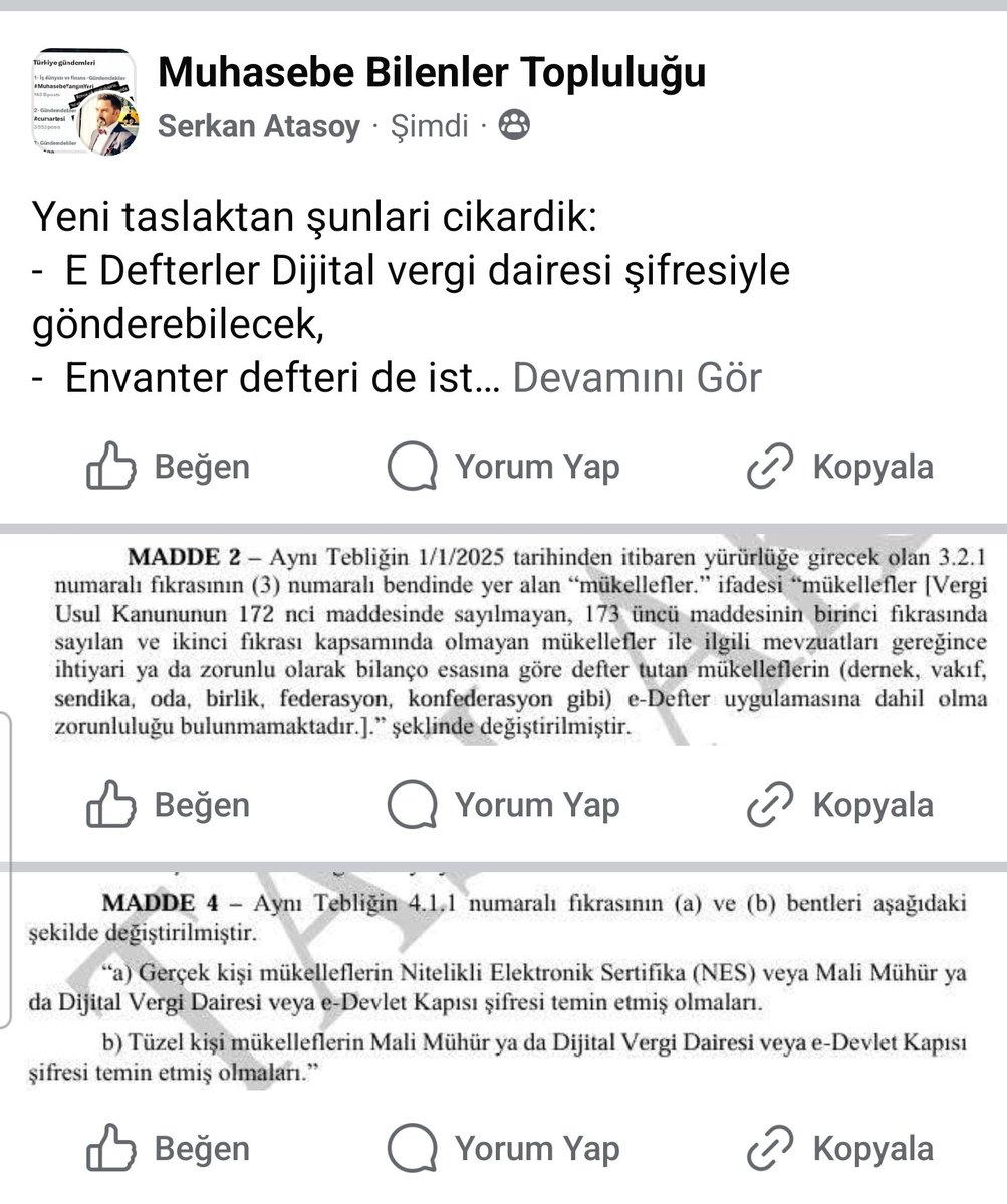 Serkan__Atasoy's tweet photo. Yeni taslaktan şunlari cikardik:
-  E Defterler Dijital vergi dairesi şifresiyle gönderebilecek,
-  Envanter defteri de istege bagli olarak elektronik ortamda tutulabilecek.
.
.
.
@MuhasebeBT 
#EDefter #EDonusum #Envanter https://t.co/c1t11Z2j3V