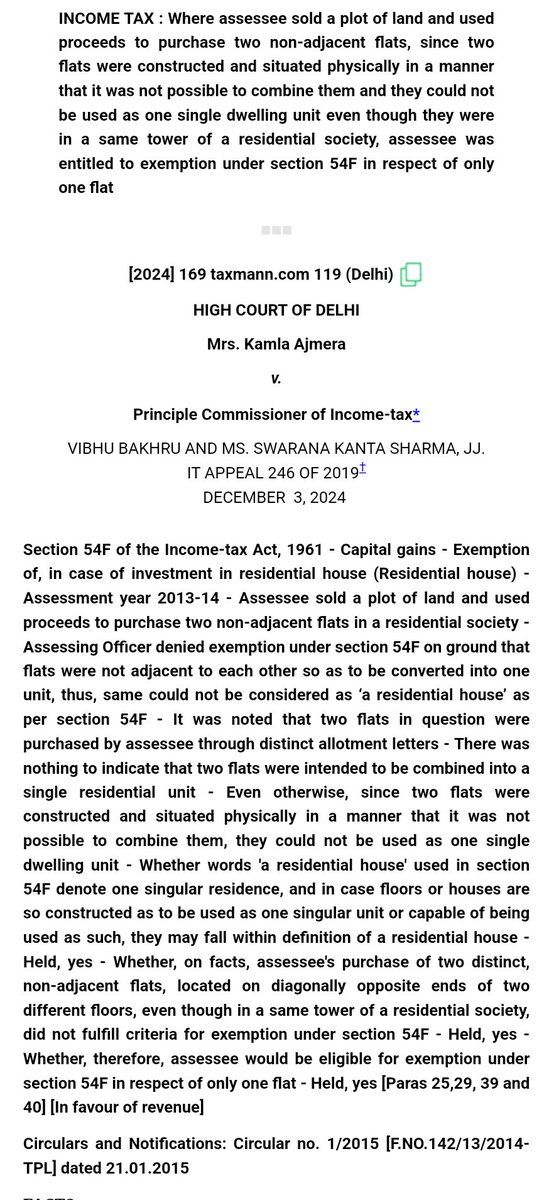 TaxationUpdates's tweet image. Section 54F exemption not allowed if assessee purchased two non-adjacent flats in same residential society: HC

Source @taxmannindia