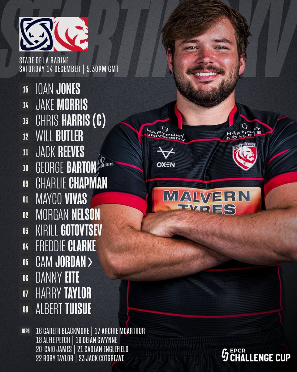 𝗧𝗘𝗔𝗠 𝗡𝗘𝗪𝗦 📋

Your Gloucester Rugby squad to take on <a href="/RugbyClubVannes/">Rugby Club Vannes</a> in the #ChallengeCupRugby. 👊

#VANvGLO | ⚔️🍒 | <a href="/ChallengeCup_/">EPCR Challenge Cup</a>