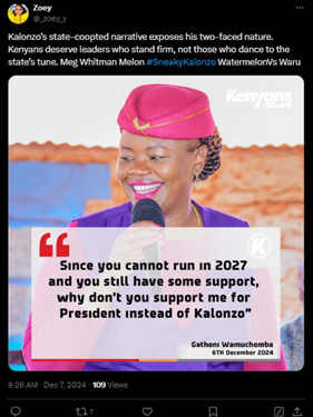 Claim: Githunguri Member of Parliament (MP), <a href="/hon_wamuchomba/">Hon.Gathoni Wamuchomba, HSC, MP</a> solicits support for the Presidency in 2027.

Fact: No, the MP did not solicit support for 2027 Presidency.

Summary: The digital card shared depicting an alleged quote from Githunguri MP, Gathoni Wamuchomba supposedly