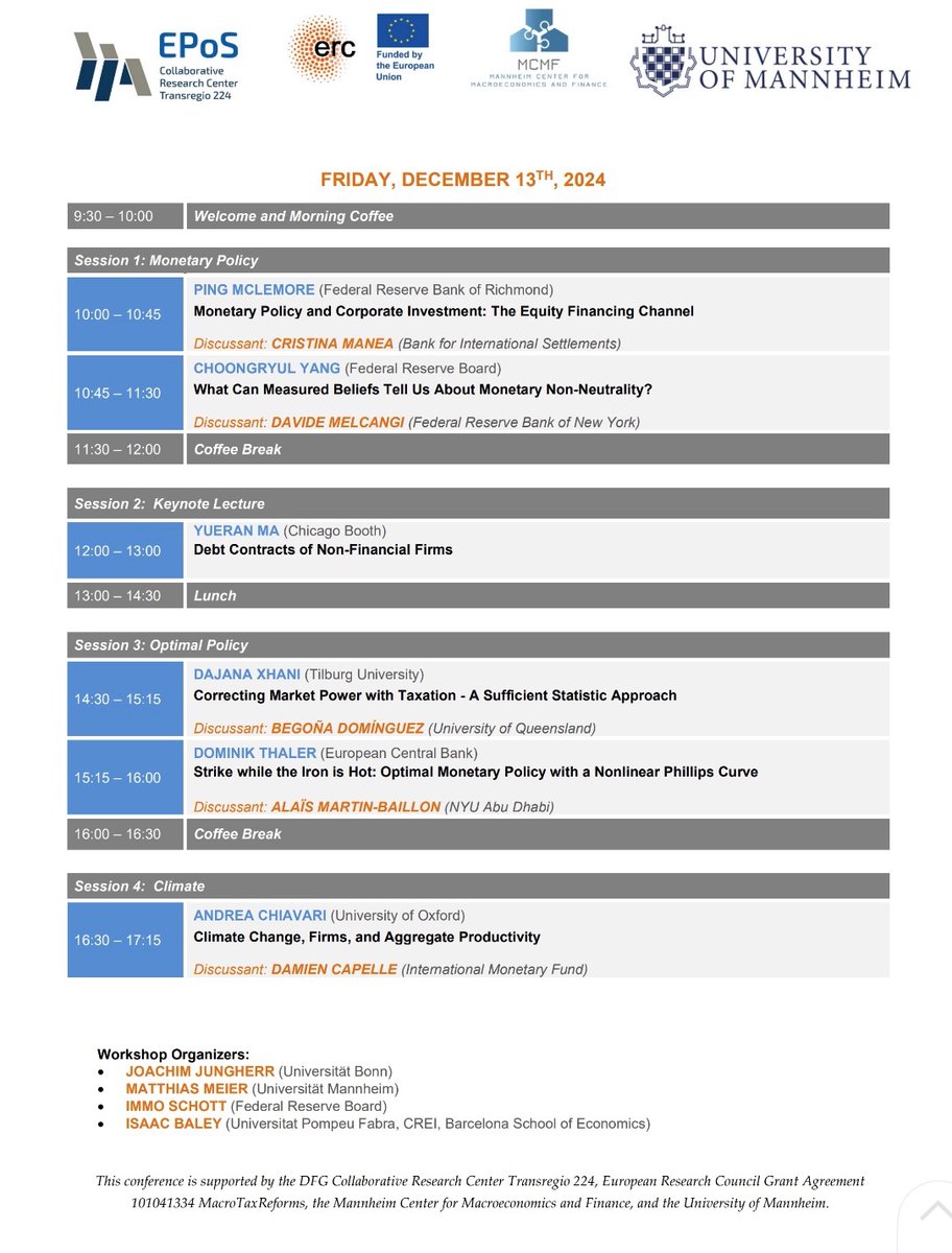 Isaac Baley (@isaacbaley) on Twitter photo Second day 3rd Workshop on Firm Heterogeneity and Macro
Monetary policy, equity financing, survey data and beliefs, debt contracts, market power and taxation, nonlinear Phillips curve, and climate change!
<a href="/MatthiasMeier1/">Matthias Meier</a> <a href="/JoachimJungherr/">Joachim Jungherr</a> <a href="/ImmoSchott/">Immo Schott</a> Second day 3rd Workshop on Firm Heterogeneity and Macro
Monetary policy, equity financing, survey data and beliefs, debt contracts, market power and taxation, nonlinear Phillips curve, and climate change!
<a href="/MatthiasMeier1/">Matthias Meier</a> <a href="/JoachimJungherr/">Joachim Jungherr</a> <a href="/ImmoSchott/">Immo Schott</a>