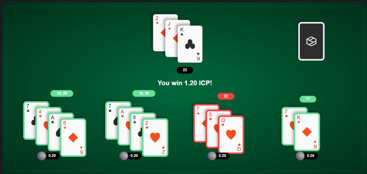 the_icp_'s tweet photo. just saw @CryptoCat_xch with the craziest blackjack hand on @VaultBet lol 

I've never seen played a hand like this aha

#blackjack #crypto #ICP https://t.co/fuUYvDlKqT