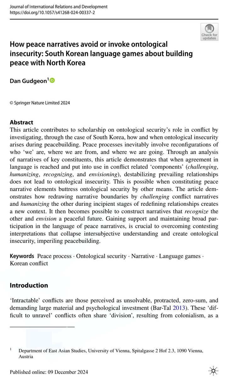 In midst of this political turmoil my journal article about 🇰🇷 liberal-conservative agreement &amp; discord(in language games) re peacebuilding w/🇰🇵 &amp; role of the North Korean Other for these groups from an ontological security perspective has been published!
link.springer.com/article/10.105…