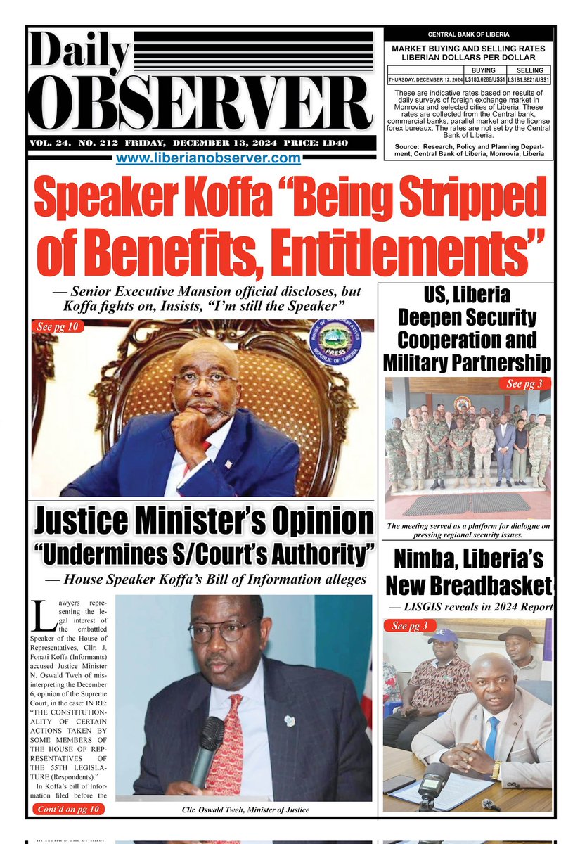 Liberianobserver.com (@libobserver) on Twitter photo #Liberia #Headlines December 13, 2024. <a href="/J_FonatiKoffa/">Jonathan Fonati Koffa</a> <a href="/USAfricaCommand/">U.S. Africa Command (AFRICOM)</a> #Liberia #Headlines December 13, 2024. <a href="/J_FonatiKoffa/">Jonathan Fonati Koffa</a> <a href="/USAfricaCommand/">U.S. Africa Command (AFRICOM)</a>