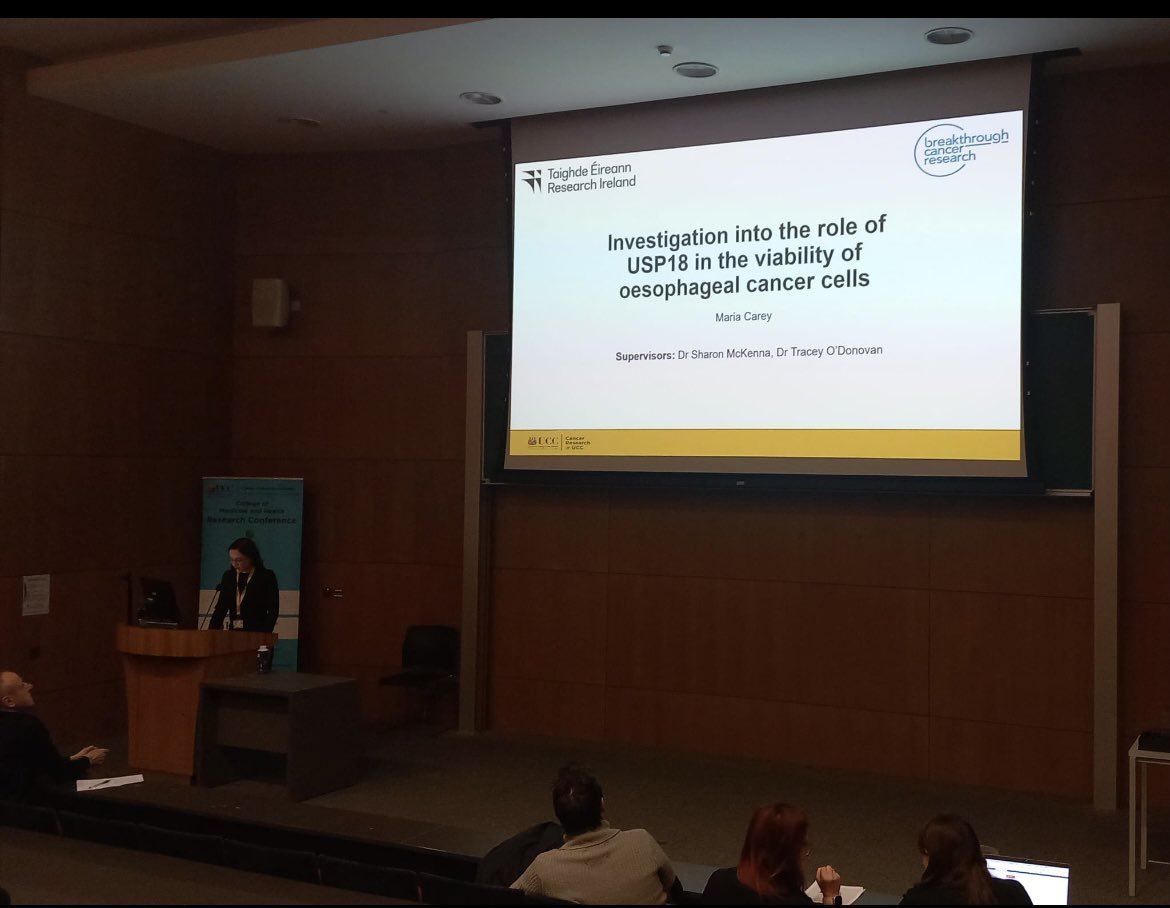 Maria Carey (@maria_m_carey) on Twitter photo Delighted to participate in the Elevator Pitch Session and Poster Session yesterday at the <a href="/UCCMedHealth/">UCC Medicine & Health</a> Futures 2024 Research Conference, where I presented my research on the role of USP18 in the viability of oesophageal cancer cells.
<a href="/Researchirel/">Research Ireland</a> <a href="/BreakthroCancer/">Breakthrough Cancer Research</a> <a href="/CanResUCC/">Cancer Research @UCC</a> Delighted to participate in the Elevator Pitch Session and Poster Session yesterday at the <a href="/UCCMedHealth/">UCC Medicine & Health</a> Futures 2024 Research Conference, where I presented my research on the role of USP18 in the viability of oesophageal cancer cells.
<a href="/Researchirel/">Research Ireland</a> <a href="/BreakthroCancer/">Breakthrough Cancer Research</a> <a href="/CanResUCC/">Cancer Research @UCC</a>