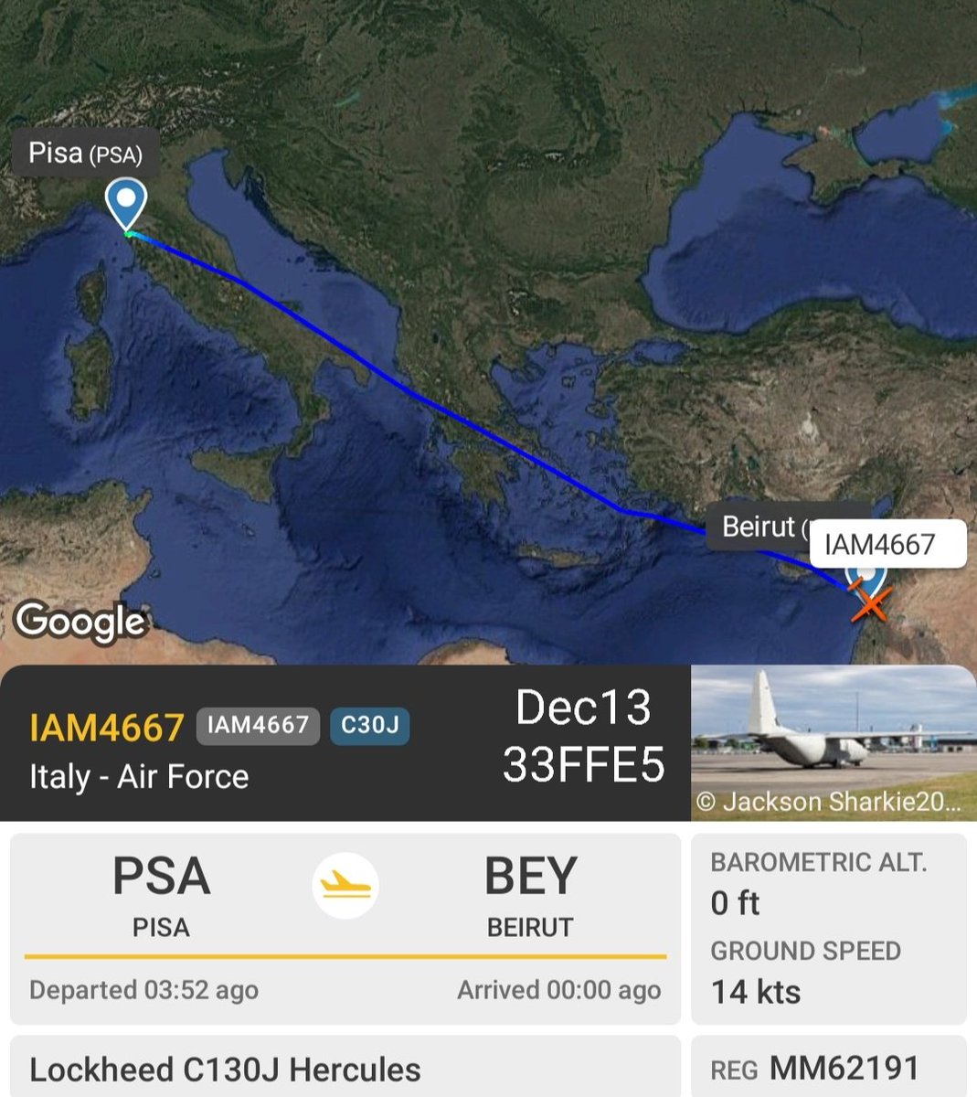 LebanonJets's tweet photo. Military: #Italy AirForce #C130 #MM62191 hex #33FFE5 just arrived from #Pisa into #Beirut #Lebanon there's an uptick in IAM aircraft this week, usually for #UNIFIL over 1,000 Italian troops as of Dec2
https://t.co/owHfGHtX5V https://t.co/Evx4NjdtB8